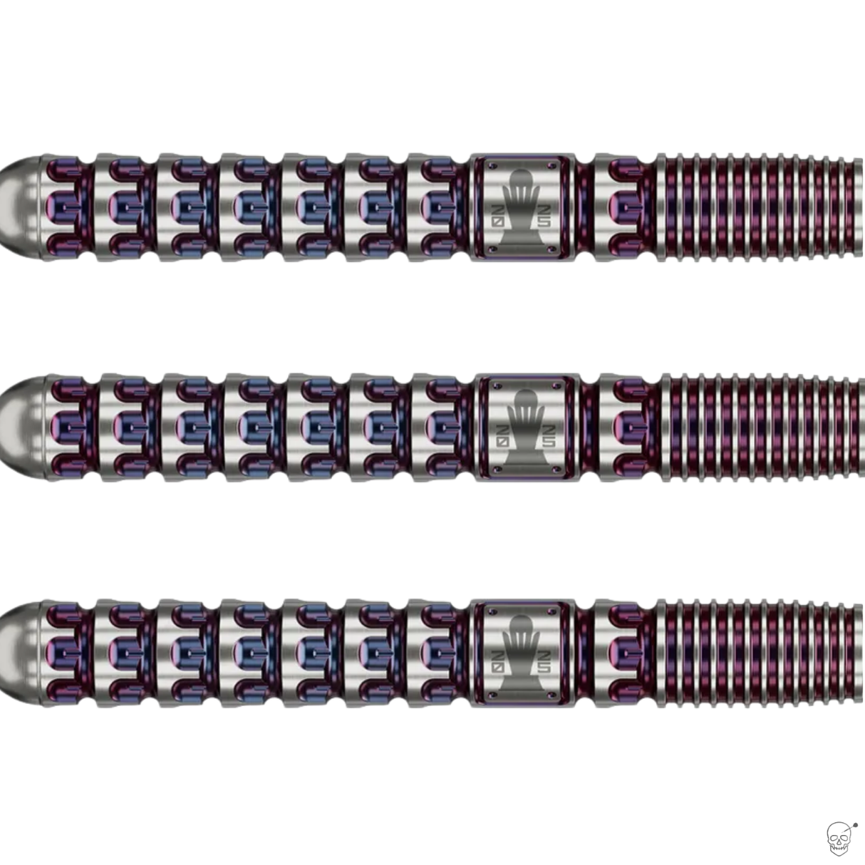 Three 90% tungsten darts barrels side by side, highlighting precision-machined grip and engraved champion logo on isolated white background.