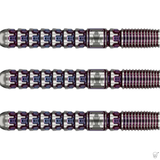 Three 90% tungsten darts barrels side by side, highlighting precision-machined grip and engraved champion logo on isolated white background.