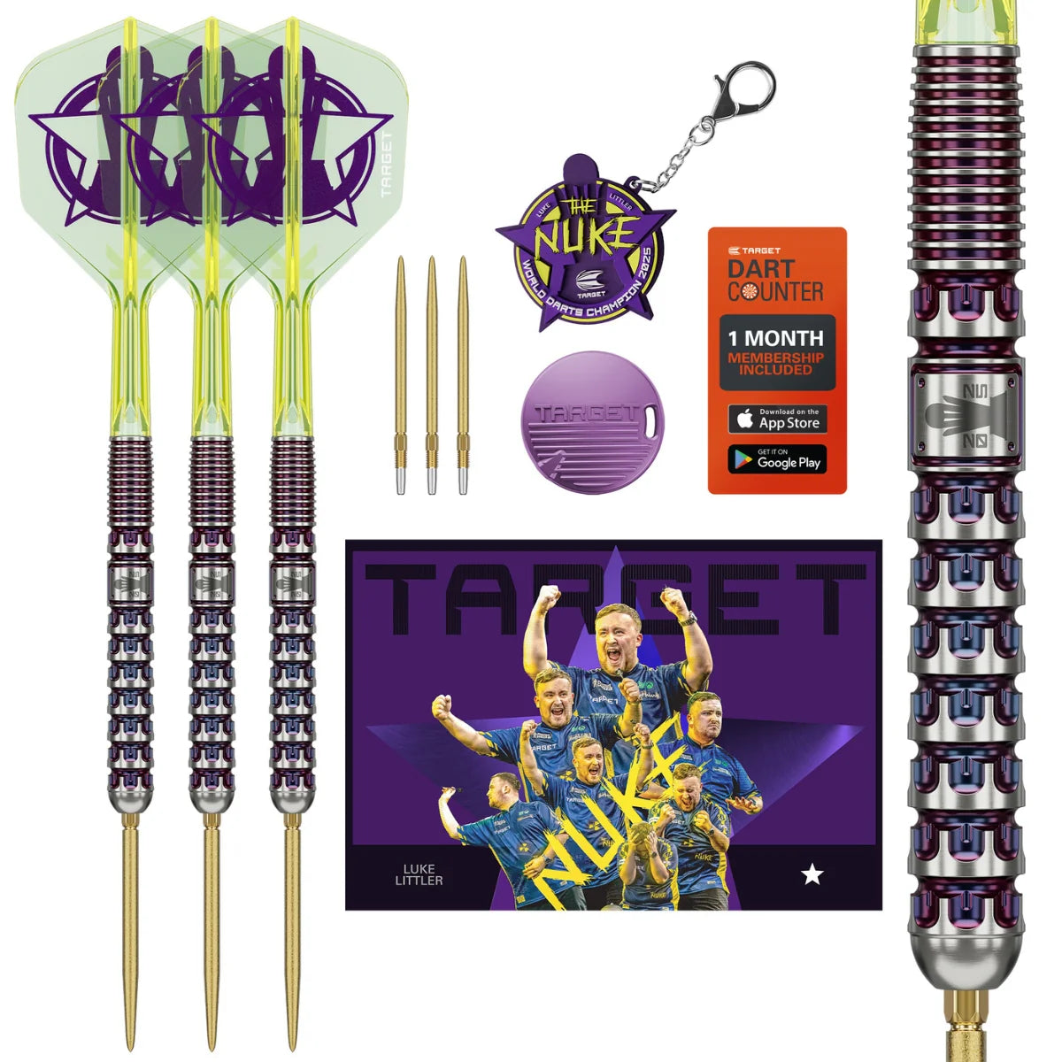 Luke Littler World Champion 2025 90% tungsten darts set with flights, spare tips, keyring, dart card, and close-up of precision grip barrel
