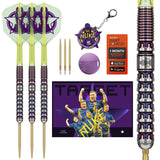 Luke Littler World Champion 2025 90% tungsten darts set with flights, spare tips, keyring, dart card, and close-up of precision grip barrel