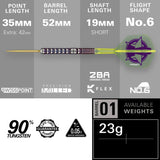 Steel tip dart side view with length measurements, 90% tungsten barrel, No.6 flight, 23g weight, and technical features highlighted