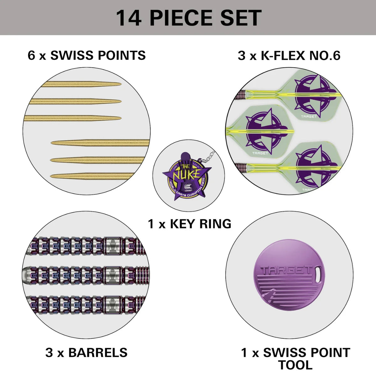 Top-down view of 14 piece Luke Littler dart set showing barrels, Swiss points, K-Flex No.6 flights, key ring, and Swiss point tool.