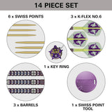 Top-down view of 14 piece Luke Littler dart set showing barrels, Swiss points, K-Flex No.6 flights, key ring, and Swiss point tool.