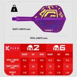 Close-up of purple K-Flex No.2 dart flight with shaft, detailed size and weight chart for dart setup customization.