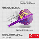 Angled close-up of K-Flex dart flight and shaft, purple-yellow design, 2BA thread, integrated system, lightweight durable darts accessory