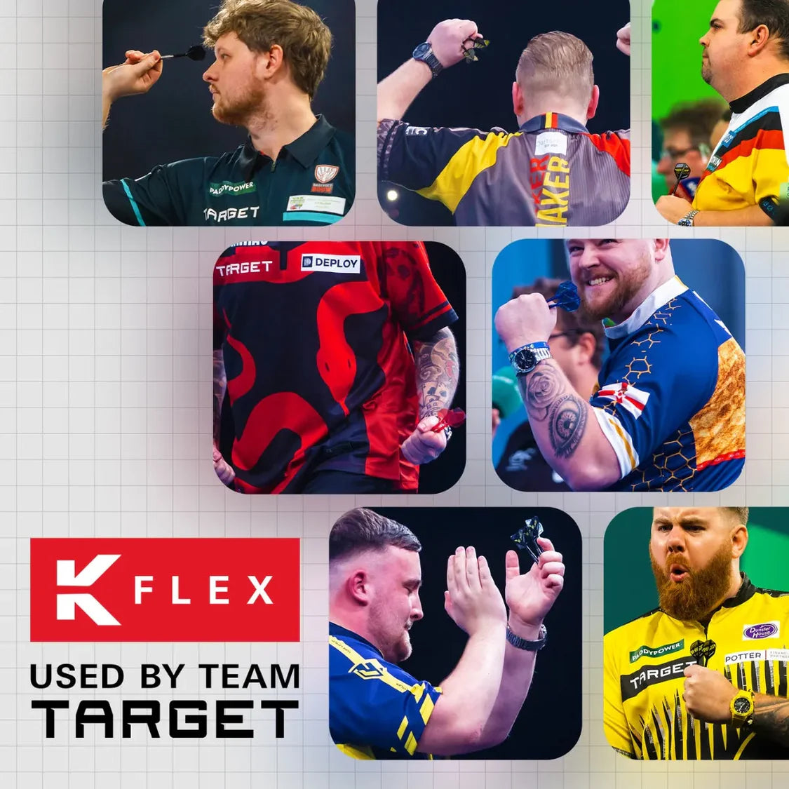 pro dart players throwing darts in competition, K-Flex shaft featured, lifestyle collage highlighting dart grip and use