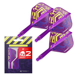 Purple dart flights and stems with yellow design, No.2 short 19mm, three arranged alongside retail packaging on white background
