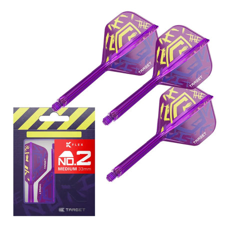 Purple K-Flex No.2 dart flights and shafts displayed with retail packaging, highlighting medium 33mm size and bold graphic design.