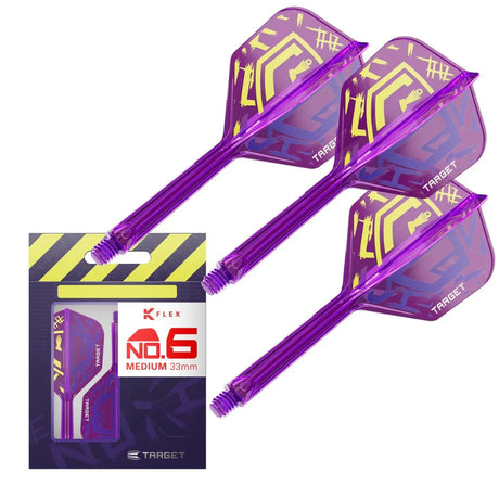 Purple K-Flex No. 6 dart stems with integrated flights and packaging, medium 33mm, shown in full product display on white