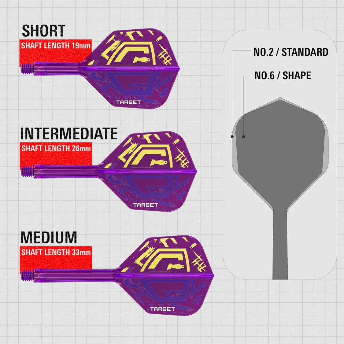 Three K-Flex No.6 dart flights with purple and yellow design displayed side by side in short, intermediate, and medium shaft lengths, with shape comparison chart.