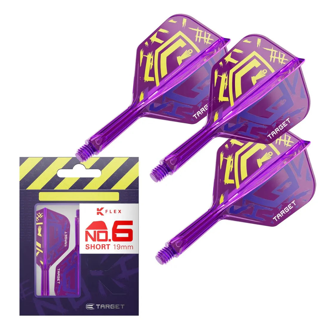 Three purple K-Flex No. 6 dart flights and stems with yellow graphic, angled view with retail packaging, isolated on white background