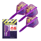 Three purple K-Flex No. 6 dart flights and stems with yellow graphic, angled view with retail packaging, isolated on white background