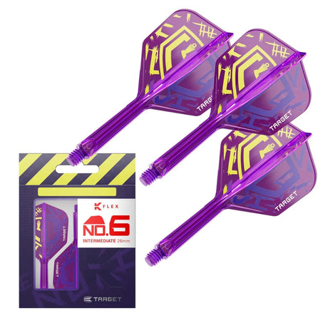 Purple K-Flex No. 6 dart flights and shafts with yellow graphic, shown with retail packaging, ideal for precision dart setup.