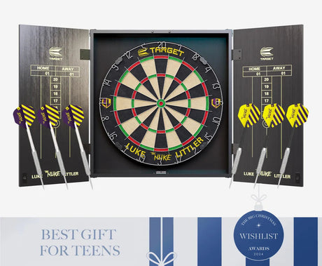 Luke Littler cabinet dartboard set open with six striped darts on doors, chalk scoring panels, and engraved dartboard branding