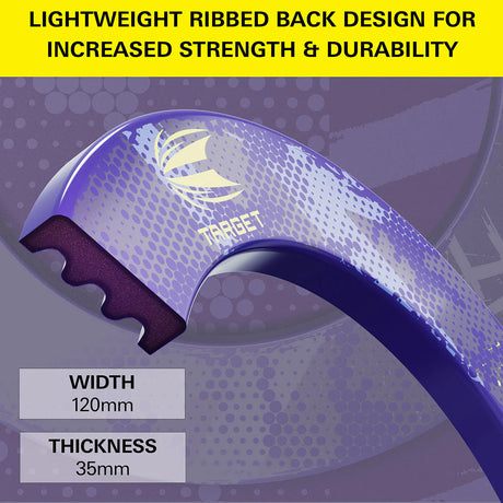 Close-up of Luke Littler Dartboard surround showing ribbed back design, purple color, and dimensions for dartboard protection
