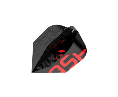 Close-up angled view of a black No.6 dart flight with red graphics and textured detailing, isolated on white background