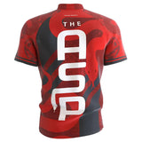Back view of Nathan Aspinall darts shirt featuring bold snake graphic, THE ASP text, and red-black dart shirt design