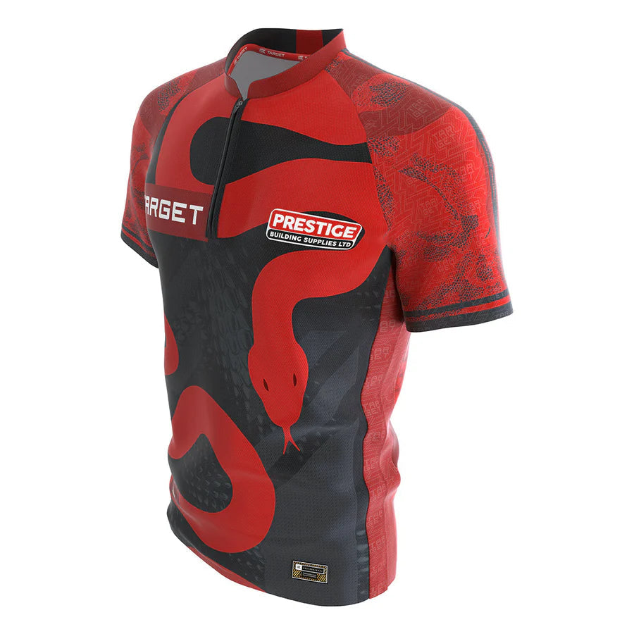 Angled full view of Nathan Aspinall darts shirt with bold red snake design and sponsor logos, displayed on white background