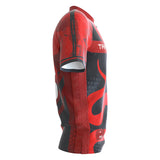 Angled side view of Nathan Aspinall darts shirt with red and black design, isolated on white, displaying sleeve detail and shirt graphics