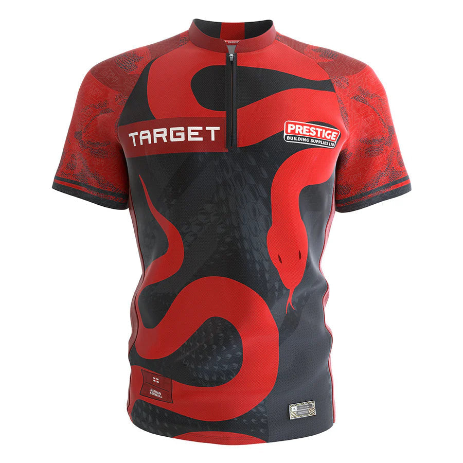 Full front view of Nathan Aspinall darts shirt with bold red snake design, black and red color, and sponsor logos on a white background