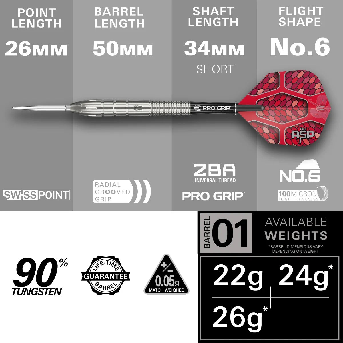 Side view of a single 90% tungsten dart with red No.6 flight, radial grooved barrel, and detailed dimensions for point, barrel, shaft, and flight