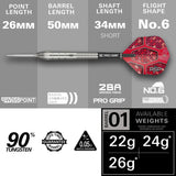 Side view of a single 90% tungsten dart with red No.6 flight, radial grooved barrel, and detailed dimensions for point, barrel, shaft, and flight