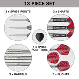 Flat lay with Swiss points, tungsten barrels, Pro Grip shafts, red flights, and point tool displayed for complete darts set contents