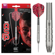 Steel tip tungsten dart in retail packaging, isolated full dart view, and macro close-up of grooved barrel grip and engraving.