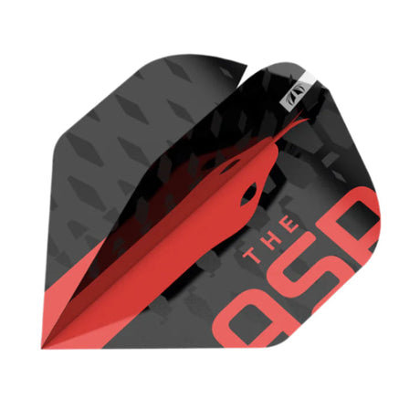 Close-up angled view of a single Pro Ultra No.2 dart flight showing textured black and red pattern with bold lettering for dart setup