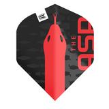 Close-up of Target Nathan Aspinall G2 Pro Ultra No.2 dart flight with bold red and black design, textured pattern, isolated on white