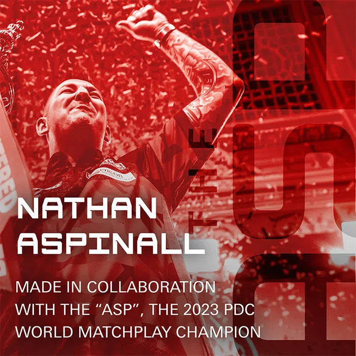 Angled lifestyle shot of Nathan Aspinall celebrating, highlighting 2023 PDC champion collaboration for K-Flex No.2 dart flights.