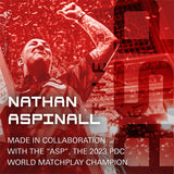 Angled lifestyle shot of Nathan Aspinall celebrating, highlighting 2023 PDC champion collaboration for K-Flex No.2 dart flights.
