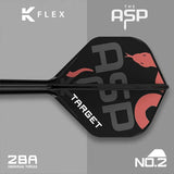 Close-up of K-Flex No.2 dart flight and shaft with ASP serpent design, black and red graphics, 2BA universal thread