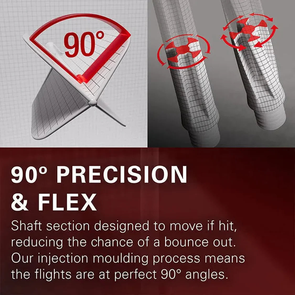 Angled close-up of dart flight system showing 90-degree precision and flexible shaft design for reduced bounce outs