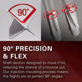 Angled close-up of dart flight system showing 90-degree precision and flexible shaft design for reduced bounce outs