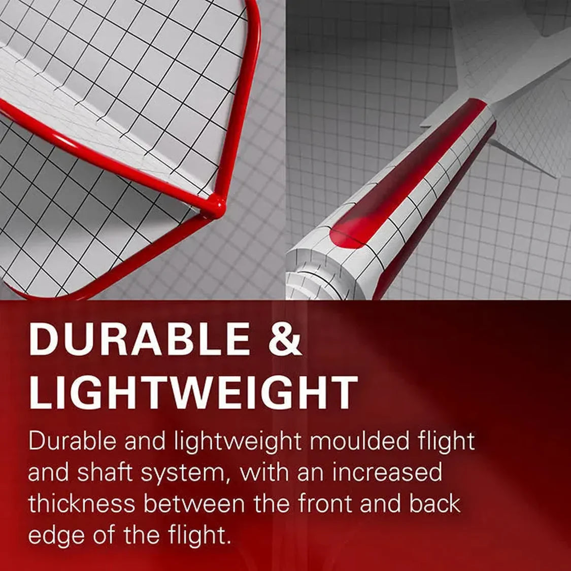 Close-up split view of dart flight and shaft system highlighting moulded edge thickness and aerodynamic design features
