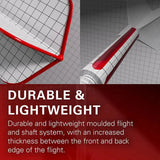 Close-up split view of dart flight and shaft system highlighting moulded edge thickness and aerodynamic design features