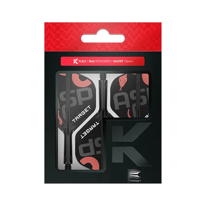 K-Flex No.2 dart flights and shafts set in retail packaging, ASP serpent design, standard short 19mm, isolated on white background