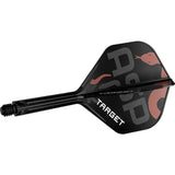 Angled full view of Nathan Aspinall K-Flex No.2 dart flight and shaft, black with ASP serpent graphic, isolated on white