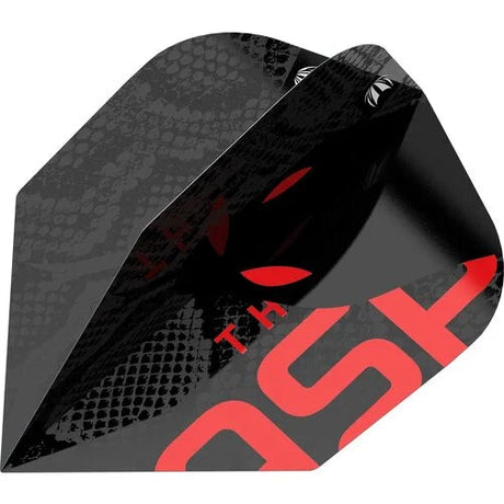 Close-up angled view of Nathan Aspinall Pro Ultra Black No.2 dart flight, textured snake-skin pattern, red graphics, premium flight detail