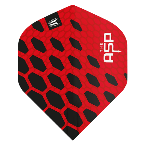 Close-up of No.2 dart flight with red and black honeycomb pattern, ASP logo, durable 100 micron material