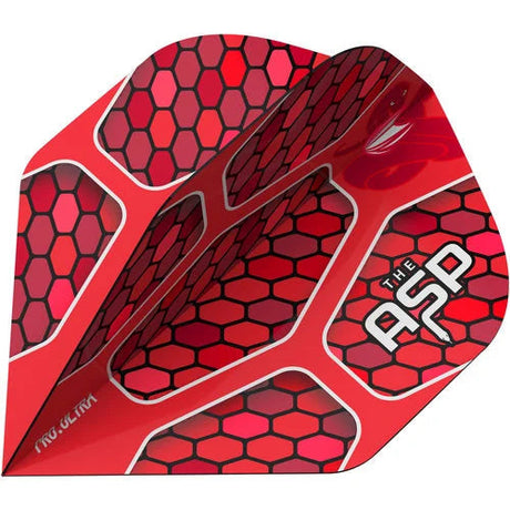 Close-up macro of red dart flight with black hex pattern and The ASP logo, No.2 Pro Ultra style, isolated on white background