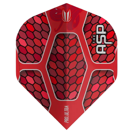 Red Pro Ultra No.2 dart flight with honeycomb pattern, ASP branding, and angular design, isolated on white background