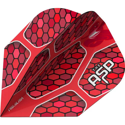 Close-up angled shot of red No.6 dart flight with hex pattern, 'THE ASP' logo, and Pro Ultra details for precision dart setup.
