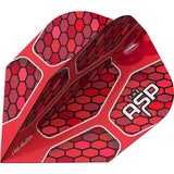 Close-up angled shot of red No.6 dart flight with hex pattern, 'THE ASP' logo, and Pro Ultra details for precision dart setup.