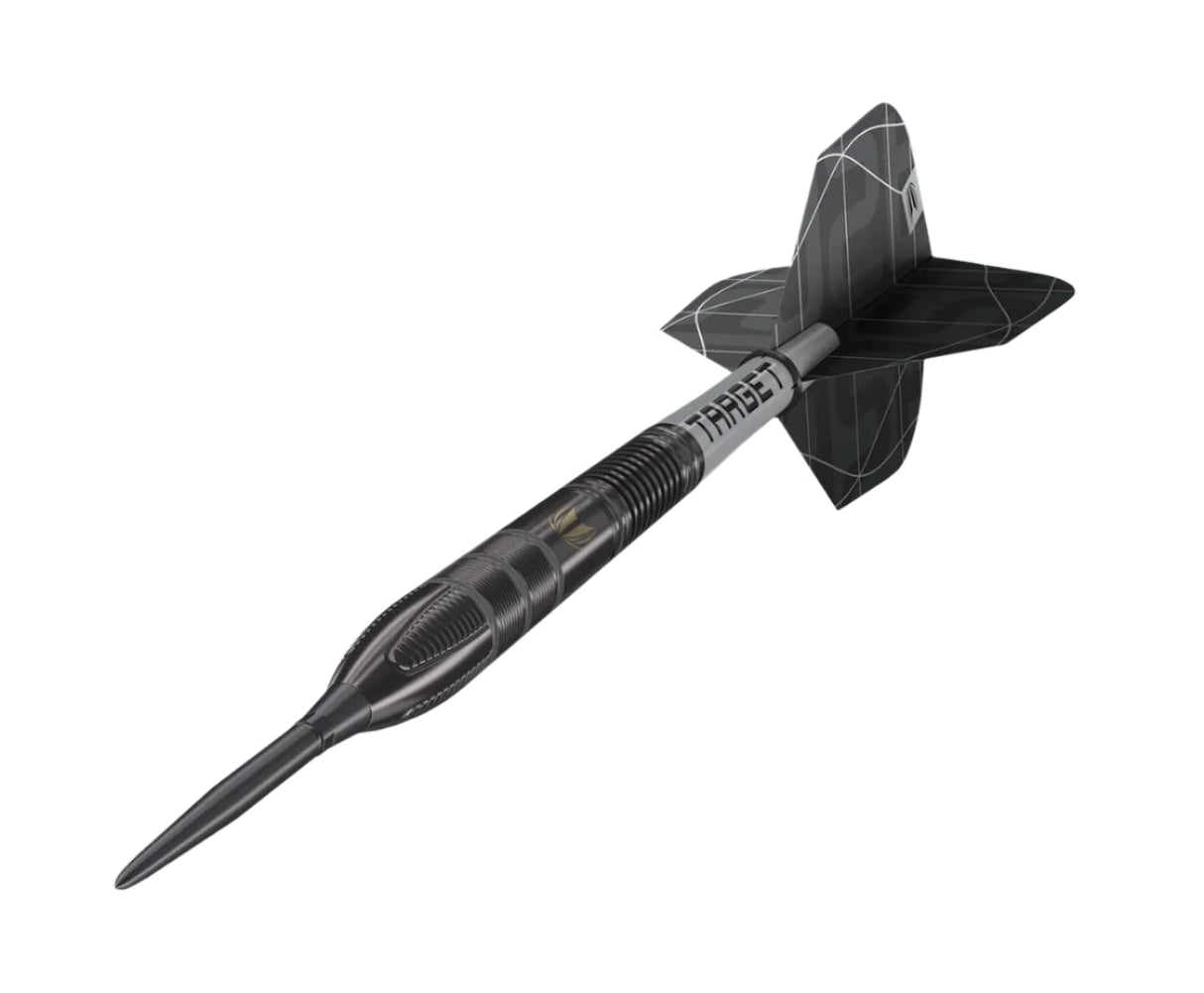 Angled view of tungsten dart with black textured barrel, precision point, and geometric black flight on white background