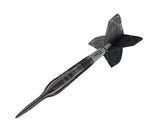 Angled view of tungsten dart with black textured barrel, precision point, and geometric black flight on white background