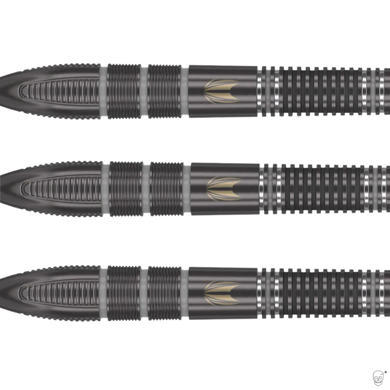 Three 90% tungsten darts in close-up side view, showing detailed grip texture and gold barrel engraving, isolated on white background.