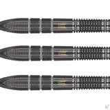 Three 90% tungsten darts in close-up side view, showing detailed grip texture and gold barrel engraving, isolated on white background.