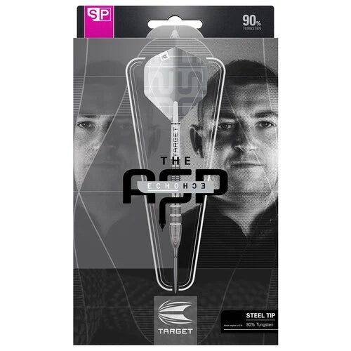 Boxed steel tip darts set with 90% tungsten, front view showing player portrait, branding, and packaging display